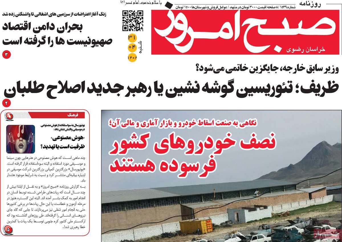 صفحه اول روزنامه های استانی / روزنامه صبح امروز