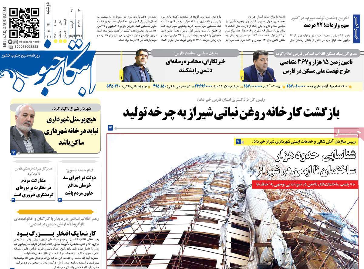 صفحه اول روزنامه های استانی امروز / روزنامه ابتکار جنوب