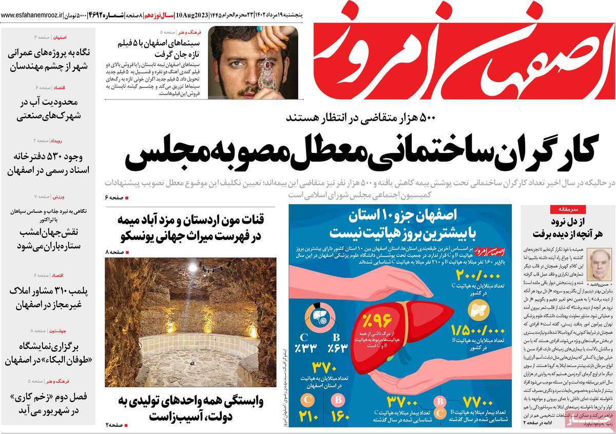 صفحه اول روزنامه های استانی امروز / روزنامه اصفهان امروز
