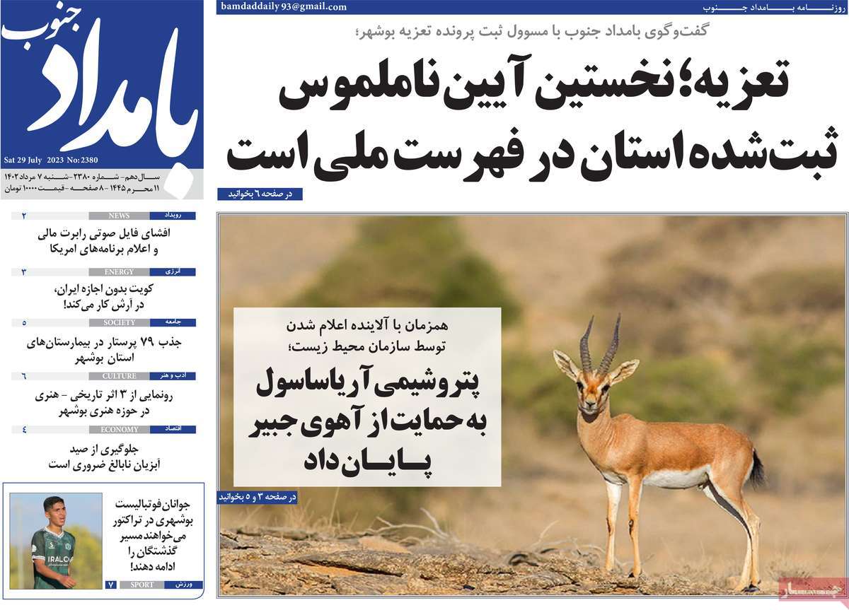 صفحه اول روزنامه های استانی / روزنامه بامداد جنوب