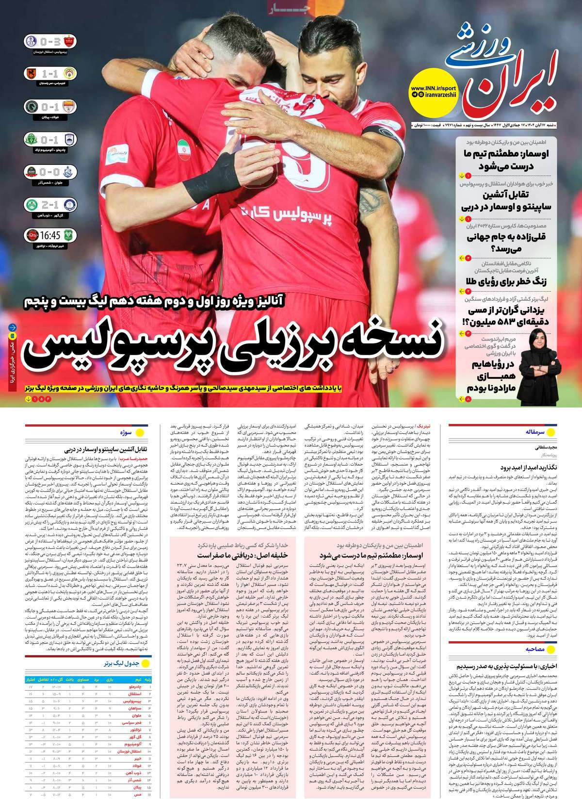 روزنامه ایران ورزشی شنبه ۱۷ آبان ۱۴۰۴